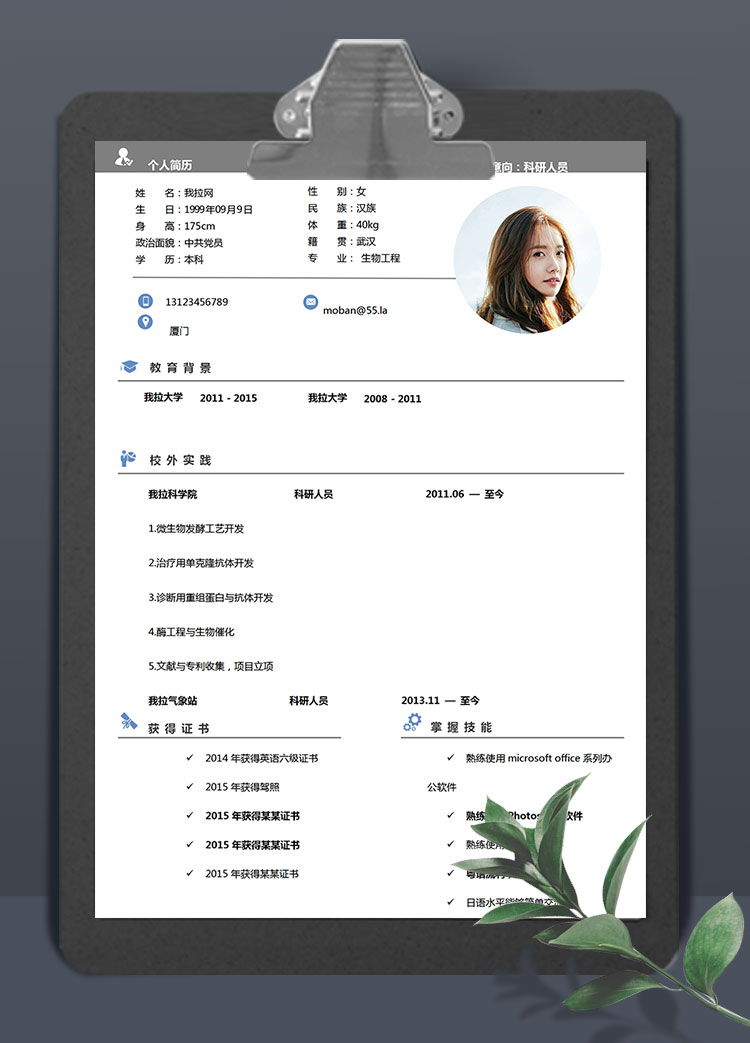 灰色系簡潔風科研人員簡歷模板