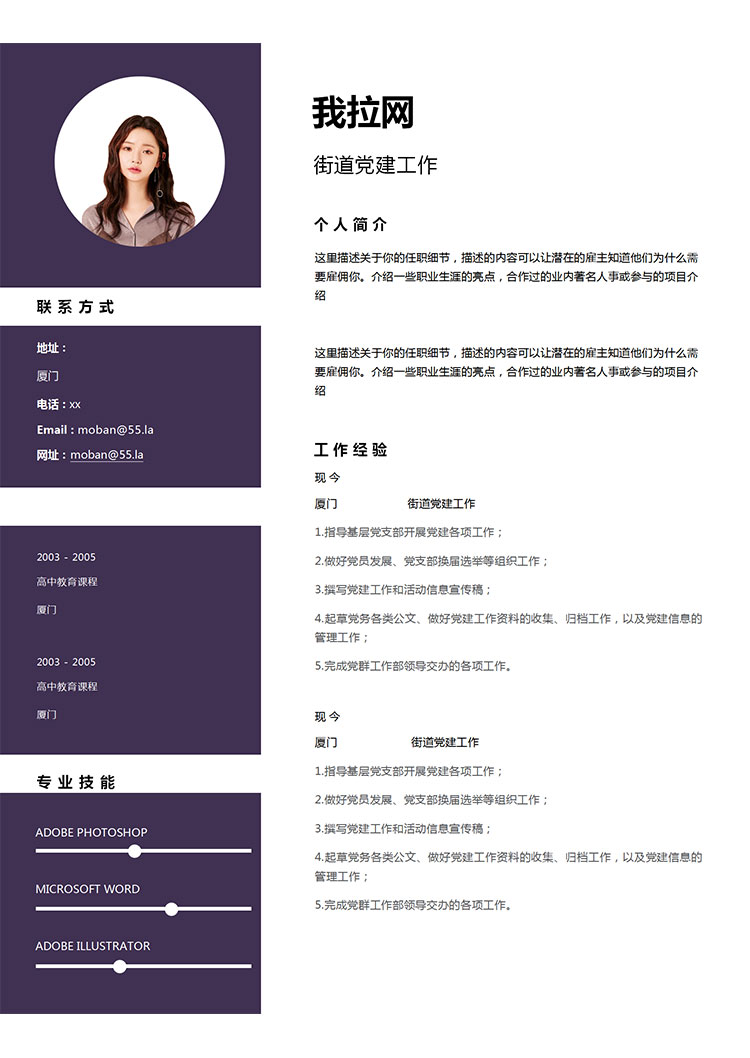 紫色系時(shí)尚風(fēng)街道黨建工作簡歷模板-1