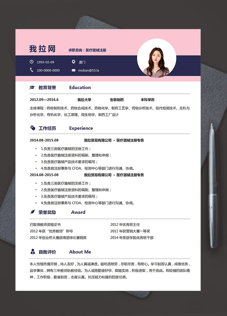 粉色系精美風(fēng)醫(yī)療器械注冊簡歷模板