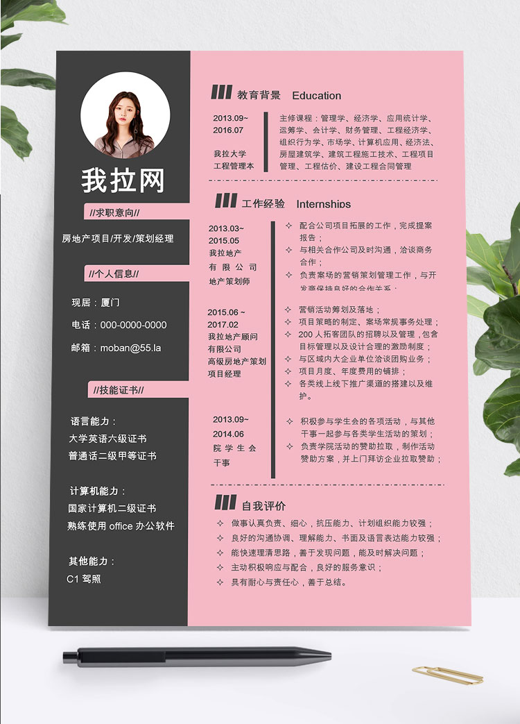 黑粉系創(chuàng)意房地產(chǎn)項目簡歷模板