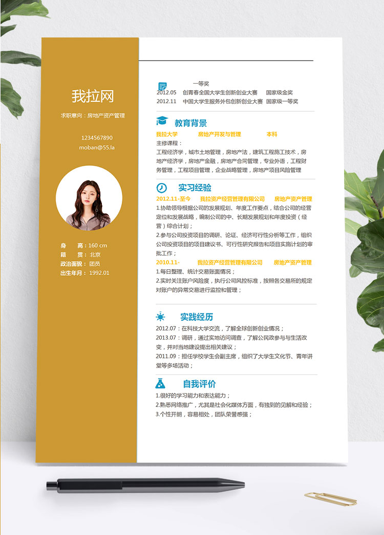 黃色系現(xiàn)代風(fēng)房地產(chǎn)資產(chǎn)管理簡(jiǎn)歷模板