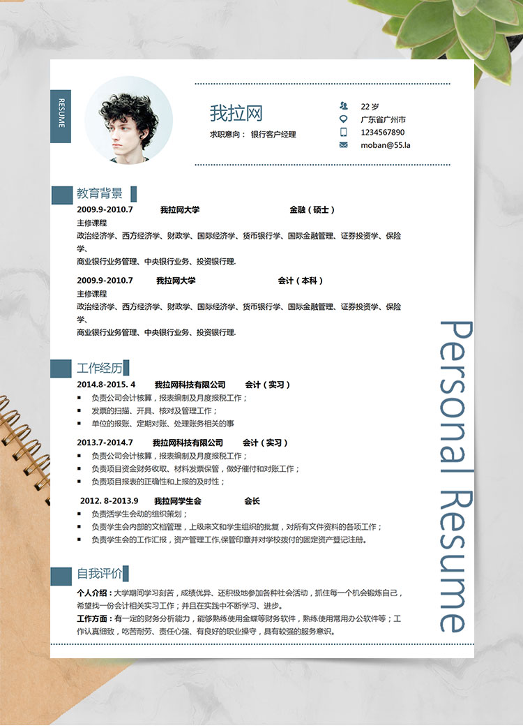 藍色簡約風銀行客戶經(jīng)理簡歷模板