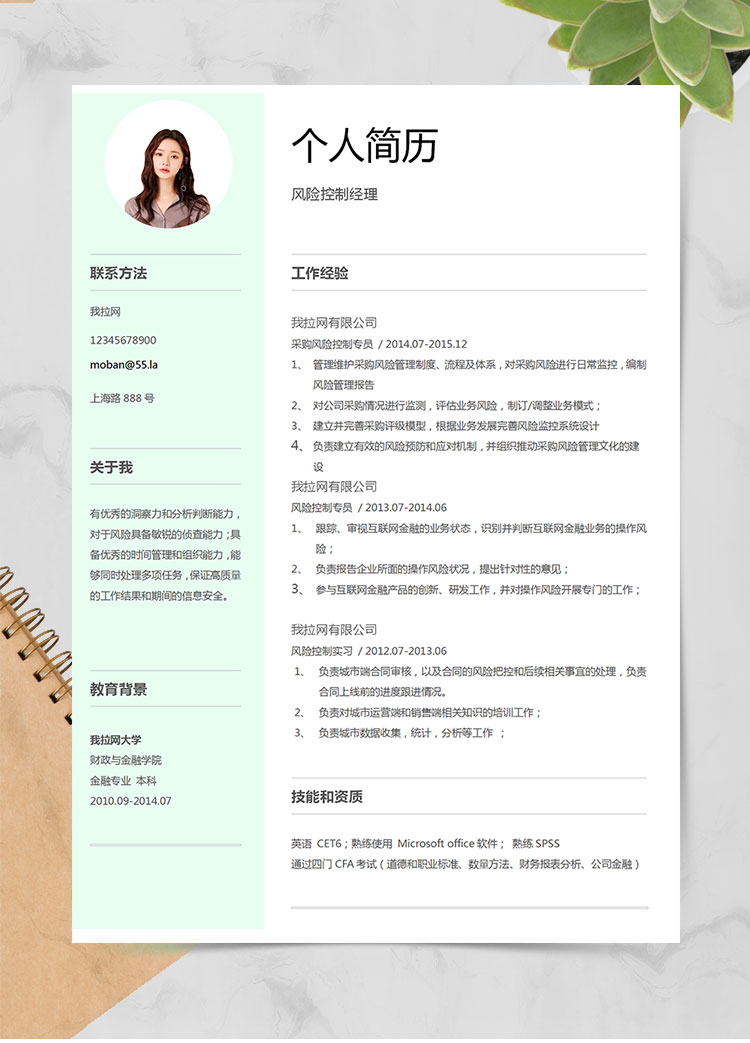 淡綠色清新風險控制經(jīng)理簡歷模板
