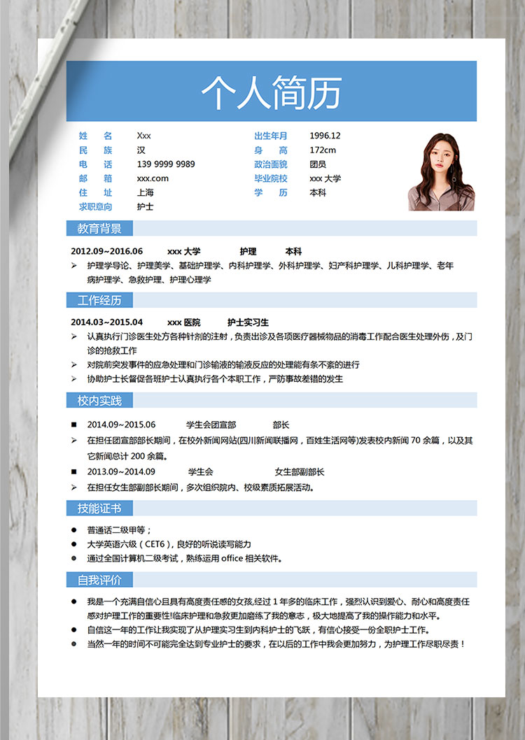 天藍(lán)色極簡(jiǎn)風(fēng)護(hù)士實(shí)習(xí)生簡(jiǎn)歷模板-1