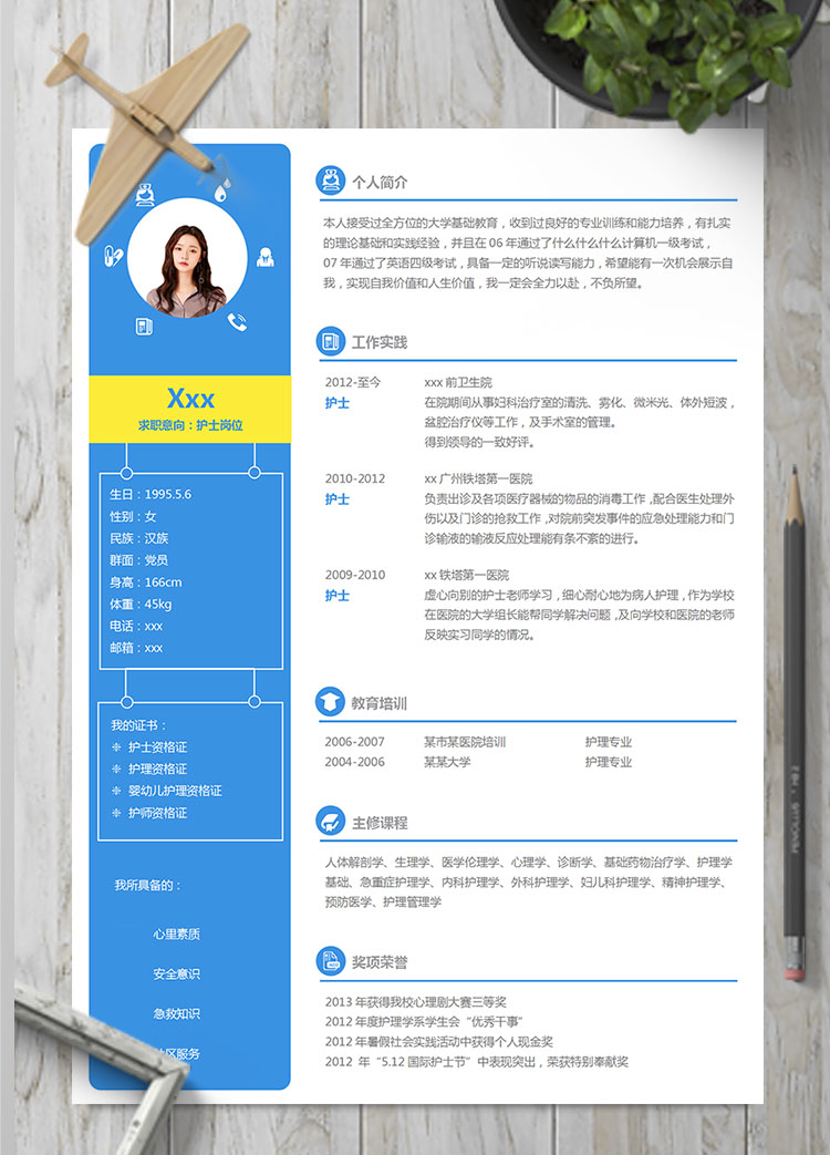 藍(lán)白色簡(jiǎn)約婦科室護(hù)士簡(jiǎn)歷模板