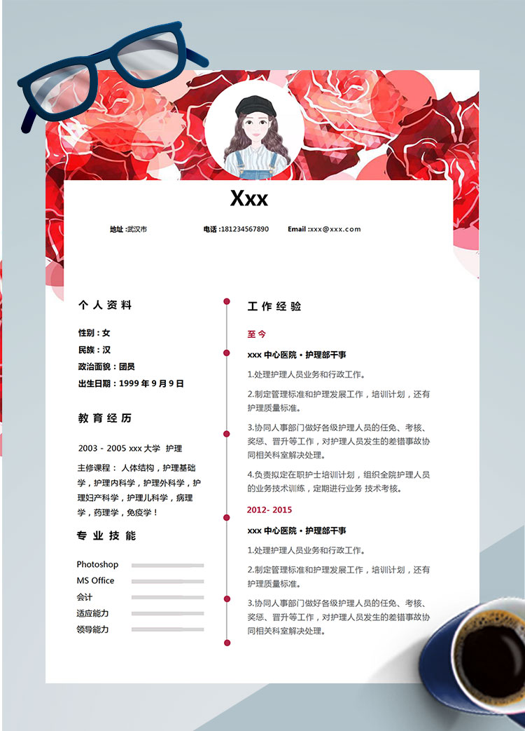 紅色花朵精美風(fēng)護(hù)理個(gè)人簡(jiǎn)歷模板