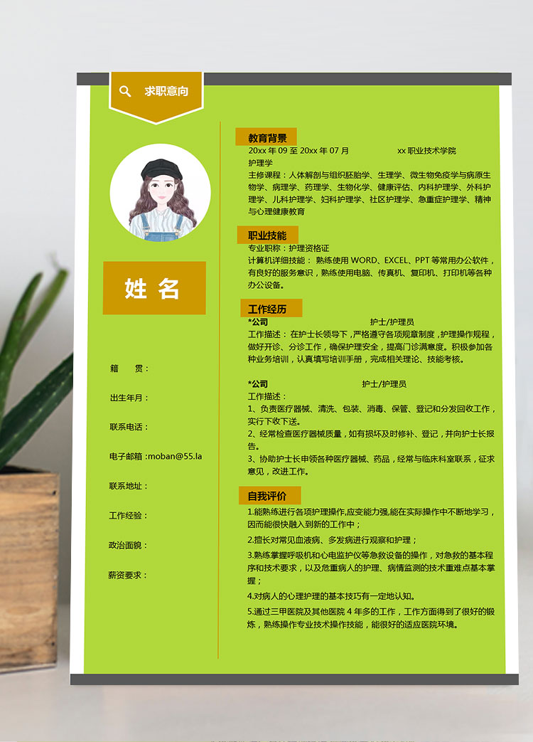 熒光綠精美風(fēng)護士護理簡歷模板