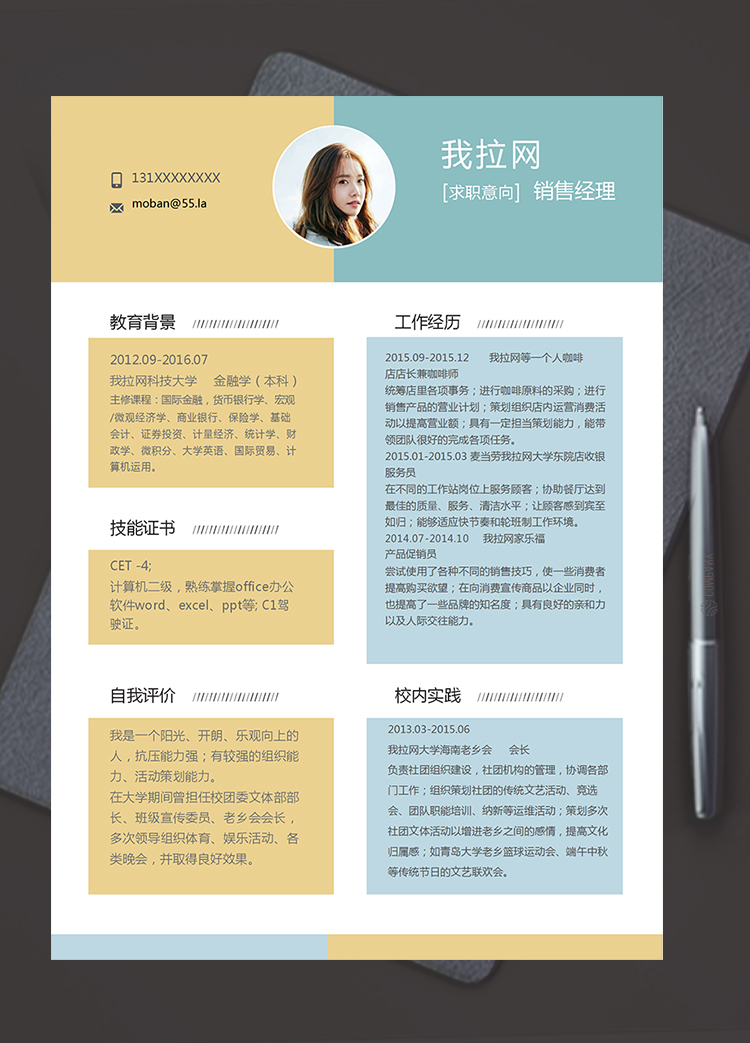 黃藍(lán)簡(jiǎn)約清新風(fēng)格銷(xiāo)售經(jīng)理個(gè)人簡(jiǎn)歷模板