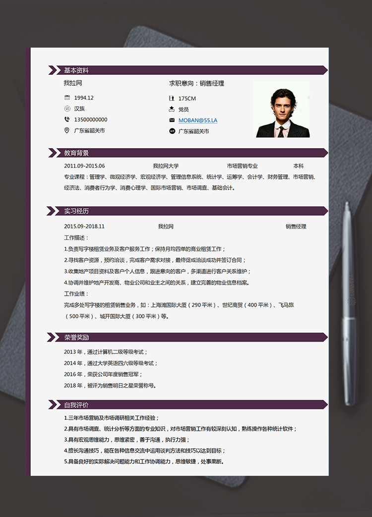 紫色大氣穩(wěn)定風(fēng)格銷(xiāo)售經(jīng)理1-3年工作經(jīng)驗(yàn)簡(jiǎn)歷模板