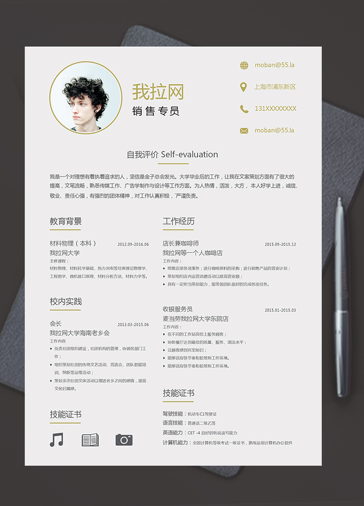 金灰色大氣穩(wěn)重銷售專員個(gè)人求職簡(jiǎn)歷模板