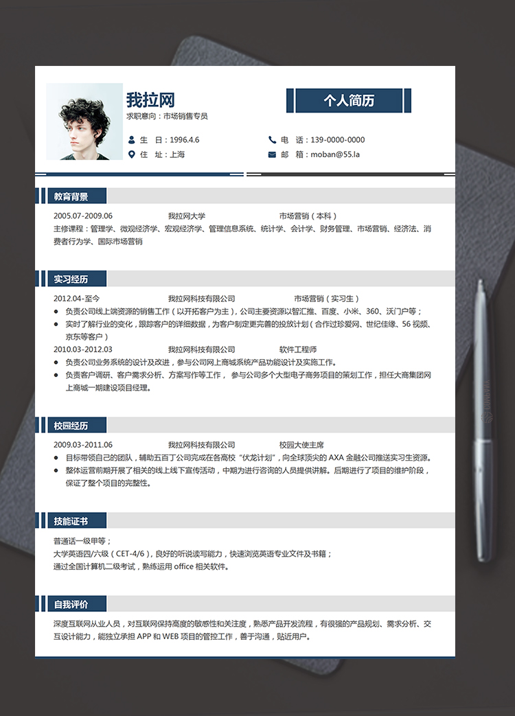 藍(lán)色線條簡約大氣市場銷售專員簡歷模板