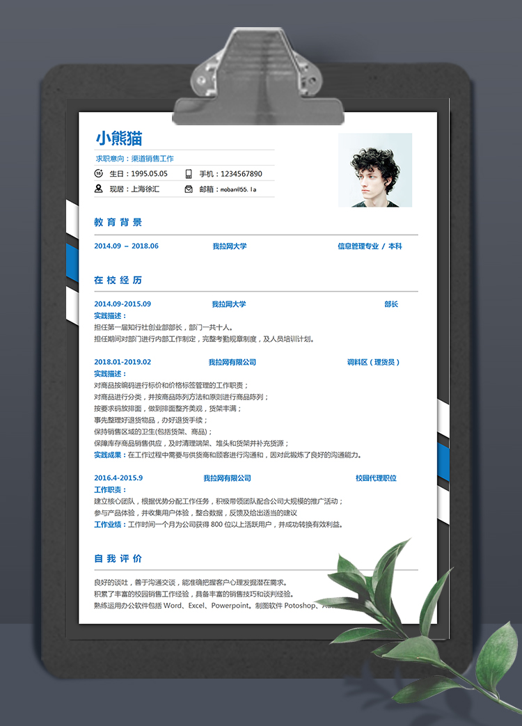 黑藍白外框商務(wù)風(fēng)格渠道銷售個人簡歷模板