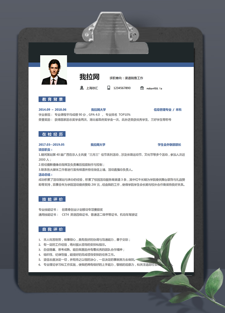 藍黑穩(wěn)重風格渠道銷售簡歷模板
