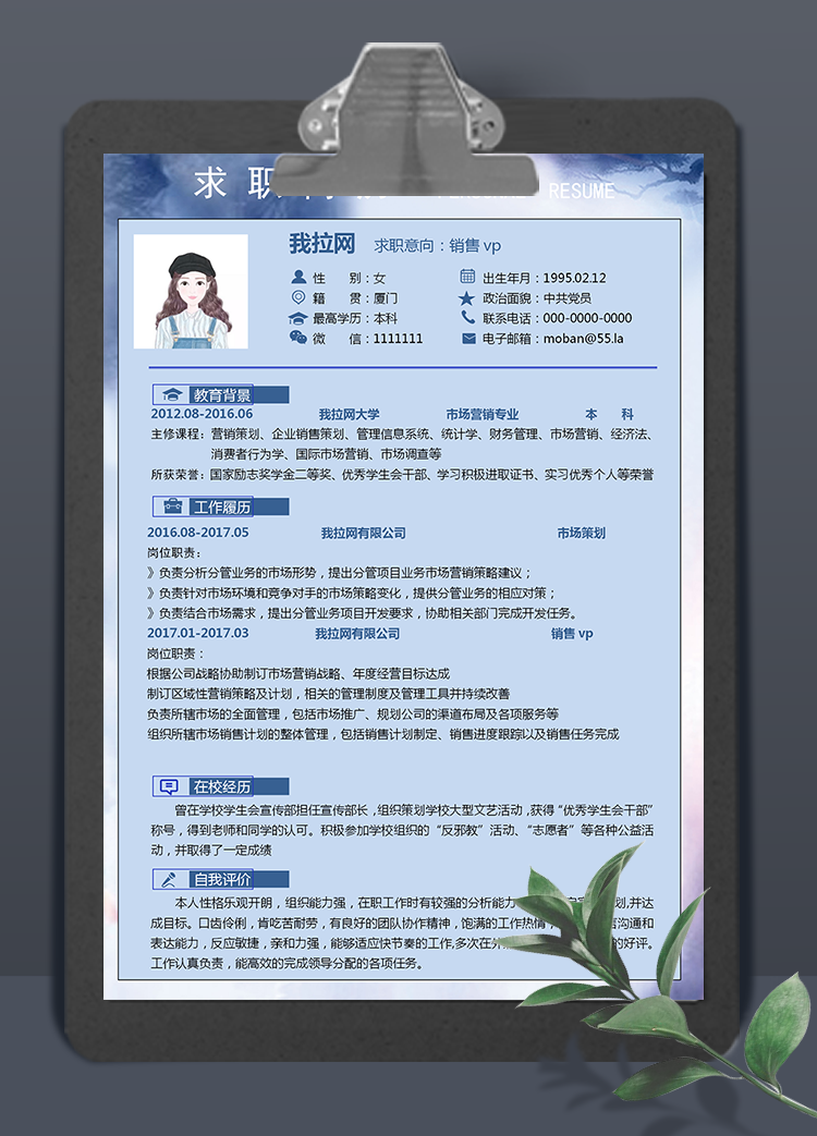 藍(lán)色商務(wù)銷售vp個(gè)人簡歷模板