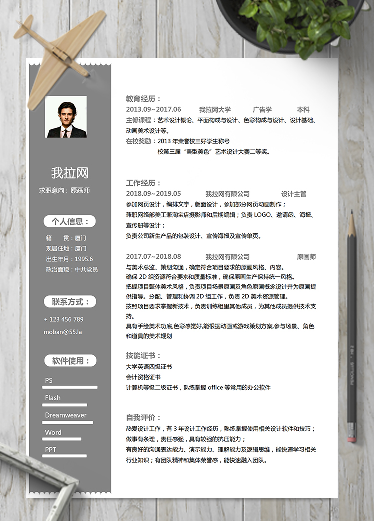 灰色系簡約風(fēng)原畫師word簡歷模板